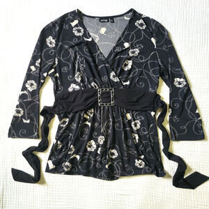 Y2K Apt. 9 Womens M Black Floral Wrap Top V Neck Blouse Waist Tie Boho Long